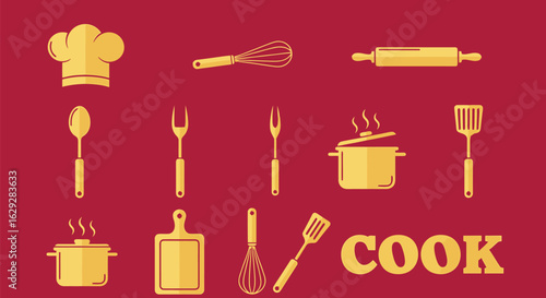 Vector illustration of culinary tools and utensils for food preparation in the kitchen