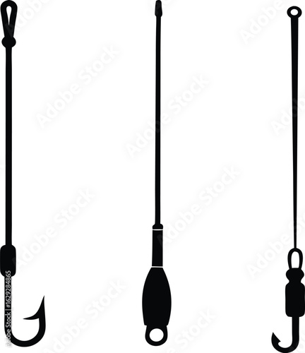 Three black silhouette fishing rig components with hook, float, and swivel on white