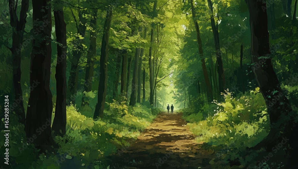 Fototapeta premium Lush forest path with two figures walking