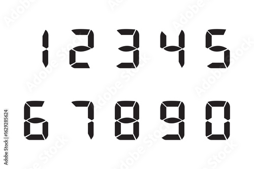 Digital numbers. Icon set. Black numbers, numerals. Calculator, scorecard, scoreboard, clock, stopwatch, electronic meter. Vector illustration.