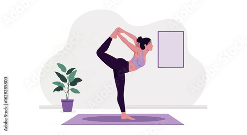 Woman in purple sportswear with a hair bun performing the Natarajasana yoga pose.