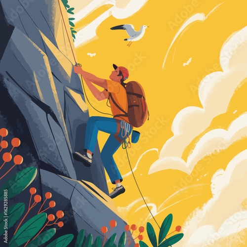 An enthusiastic rock climber navigates a steep cliff, showcasing the essence of adventure and the beauty of nature under a vividly colored sky filled with clouds and a seagull.
