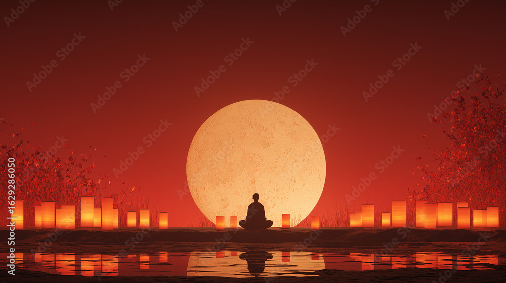 Obraz premium Moonlit autumn ceremony, silhouette of a person meditating under the full moon with lanterns