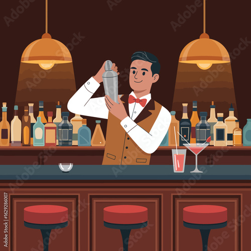 A skilled bartender expertly shakes a cocktail shaker amidst a cozy bar filled with various bottles, showcasing the art of mixology in a warm ambiance.