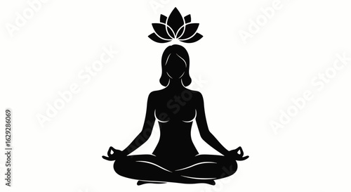 Black silhouette of a woman in lotus yoga pose with a lotus flower symbol above her head.