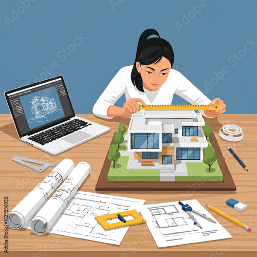 Focused female architect meticulously measures a modern house model using a ruler, surrounded by blueprints and design tools on her desk, showcasing precision and architectural design.