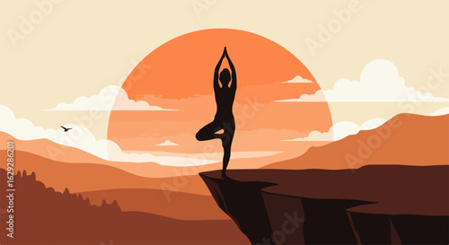 Graceful dark silhouette of a person practicing the Vrksasana yoga tree pose with arms raised.