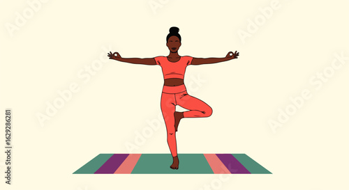 Illustration of a serene Black woman in pink activewear practicing the yoga Tree Pose (Vrksasana) with arms outstretched.