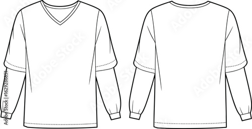 Shirt sketch front back view, V-neck and round collar designs, cuffed long sleeves, visible seams, garment fashion drawing, clothing template, technical illustration.