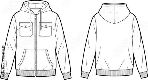 Hooded jacket front back view, zipper closure, chest flap pockets, lower front pockets, ribbed cuffs and hem, fashion sketch, garment template, technical illustration.