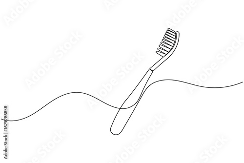 Continuous line drawing of a toothbrush with toothpaste, ideal for dental hygiene, teeth brushing, and oral care themes
