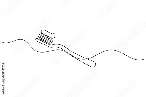 Continuous line drawing of a toothbrush with toothpaste, ideal for dental hygiene, teeth brushing, and oral care themes
