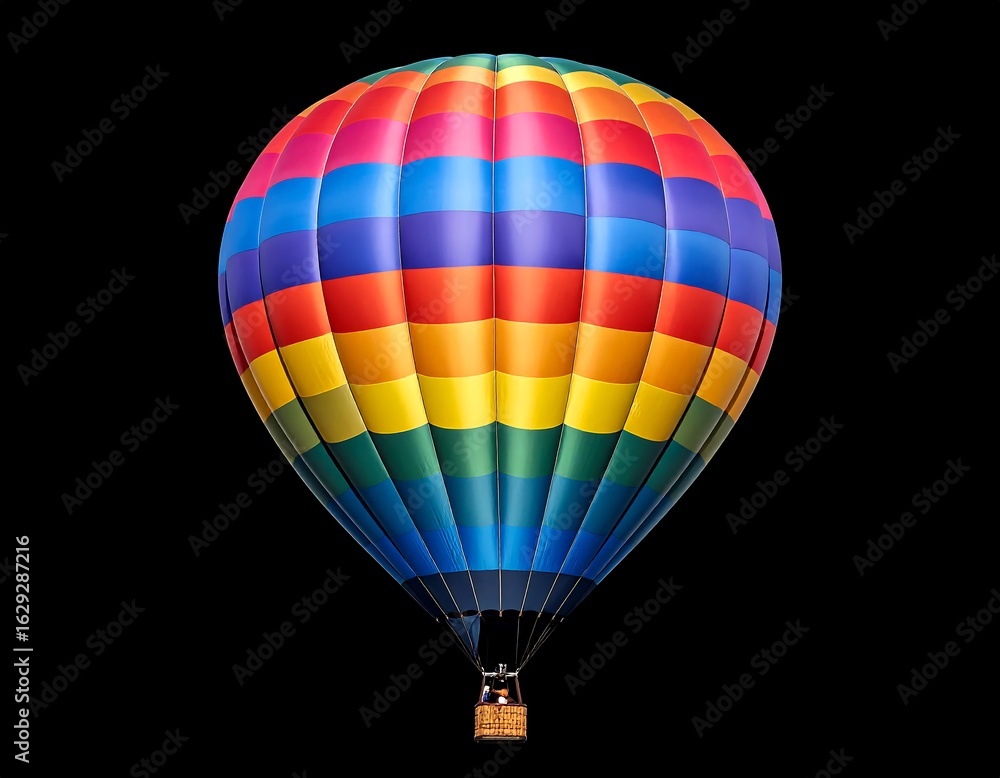 Fototapeta premium A vibrant, multicolored hot air balloon against a black background