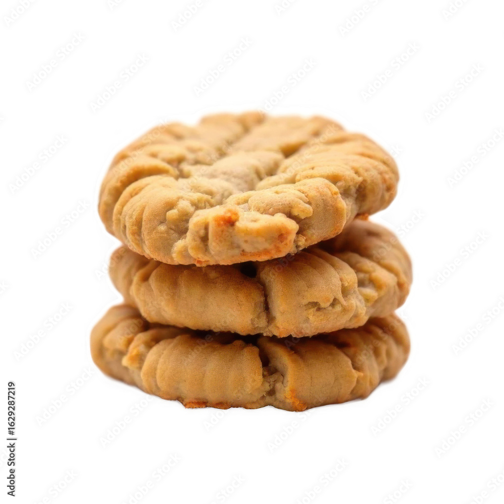 Three Golden Brown Cookies Stacked on White Background Three Golden Brown Cookies Stacked on White Background