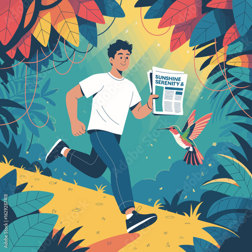 A man is running joyfully through a dense forest holding a newspaper, with a colorful hummingbird soaring nearby, capturing the essence of vitality and the beauty of nature.