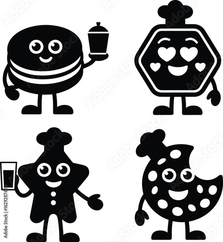 Four Black and White Cartoon Food Characters with Drinks silhouette