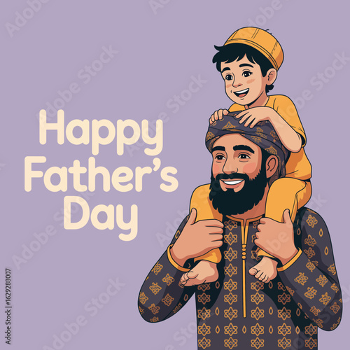 A cheerful illustration depicting a father happily carrying his son on his shoulders, radiating love and joy, celebrating their special bond during Father's Day festivities.