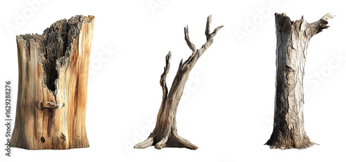 Set of old, dead tree trunks with broken branches isolated on a transparent background. PNG