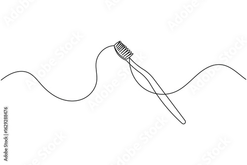 Continuous line drawing of a toothbrush with toothpaste, ideal for dental hygiene, teeth brushing, and oral care themes
