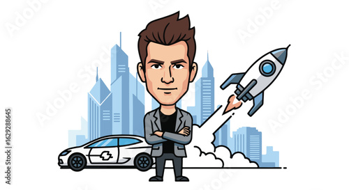 Cartoon illustration of a successful young entrepreneur standing with a launching rocket and an electric car against a modern city skyline.