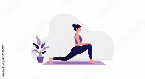 Woman in purple athletic wear practicing a low lunge yoga pose on a mat.