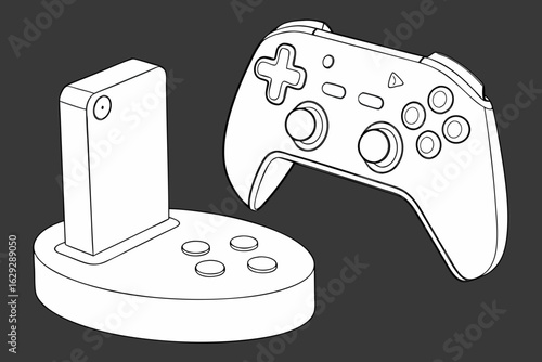 Line art illustration of a wireless video game controller and charging dock for modern gaming entertainment.