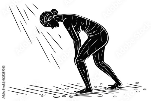 Stylized black and white illustration of a weary person showering, a metaphor for emotional cleansing, renewal, and washing away stress.