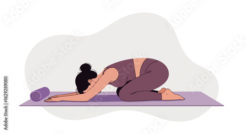 Woman with dark hair in a bun practicing the relaxing Child's Pose on a purple mat.