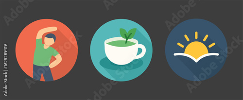 Healthy Lifestyle Icons Set – Exercise, Herbal Tea, and Sunrise