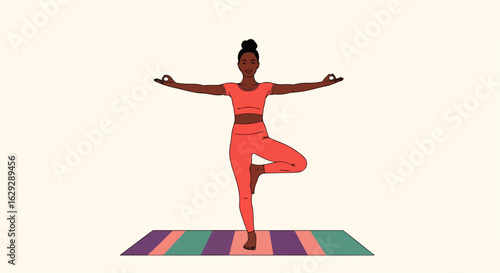 Calm Black woman in coral activewear practicing the yoga tree pose on a striped mat.