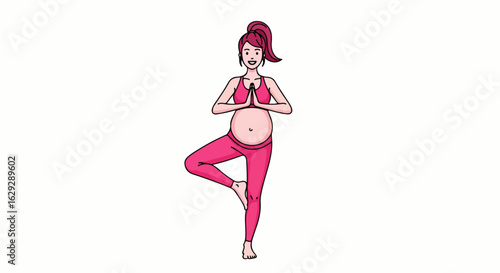 Happy pregnant woman in pink sportswear practicing yoga in a tree pose with hands in prayer.