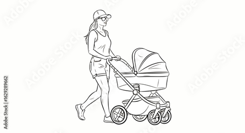 Line art of a young mother in a cap and sunglasses walking and pushing a modern baby stroller.