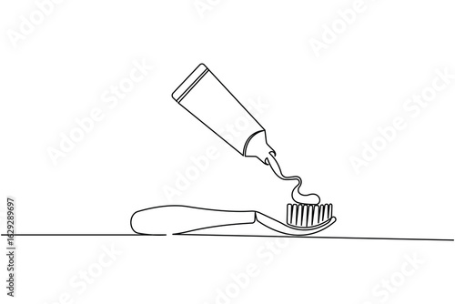 Continuous line drawing of a toothbrush with toothpaste, ideal for dental hygiene, teeth brushing, and oral care themes
