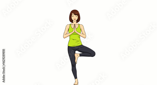 Serene anime-style woman with short brown hair in yoga tree pose with prayer hands.
