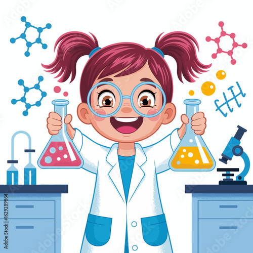 A cheerful girl in a lab coat enthusiastically holds beakers filled with colorful liquids while standing in a modern laboratory filled with scientific equipment and joy.