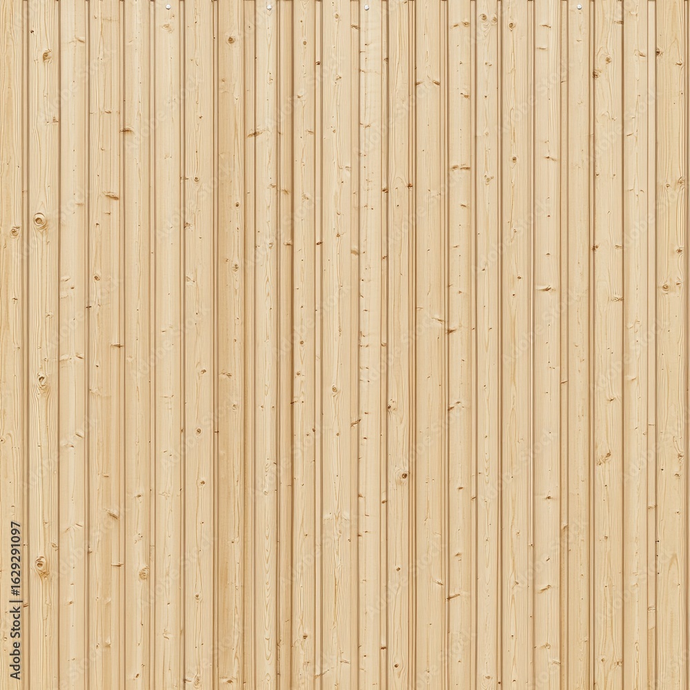Fototapeta premium Light-tan vertical wooden planks, closely spaced, showing subtle wood grain and small knots. Uniform in color and texture, creating a smooth, vertical lined pattern