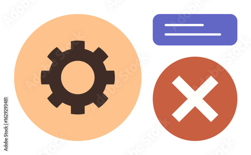 Gear in orange circle, red circle with white X, and purple text block symbolize settings, error, cancellation, rejection, options, system troubles functionality overview. Ideal for digital concepts