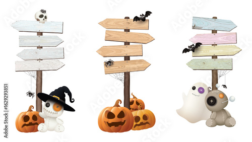 Set of blank wooden direction sign isolated with 3D cute halloween's elements decorated graphic illustration.
