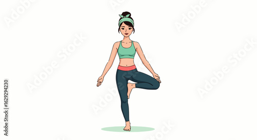 Young woman with a hair bun and headband balancing in a yoga Tree Pose.