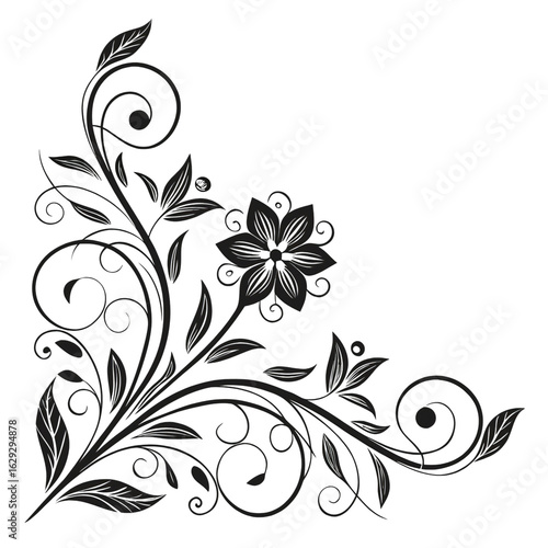 Elegant black floral swirl design element isolated on transparent background