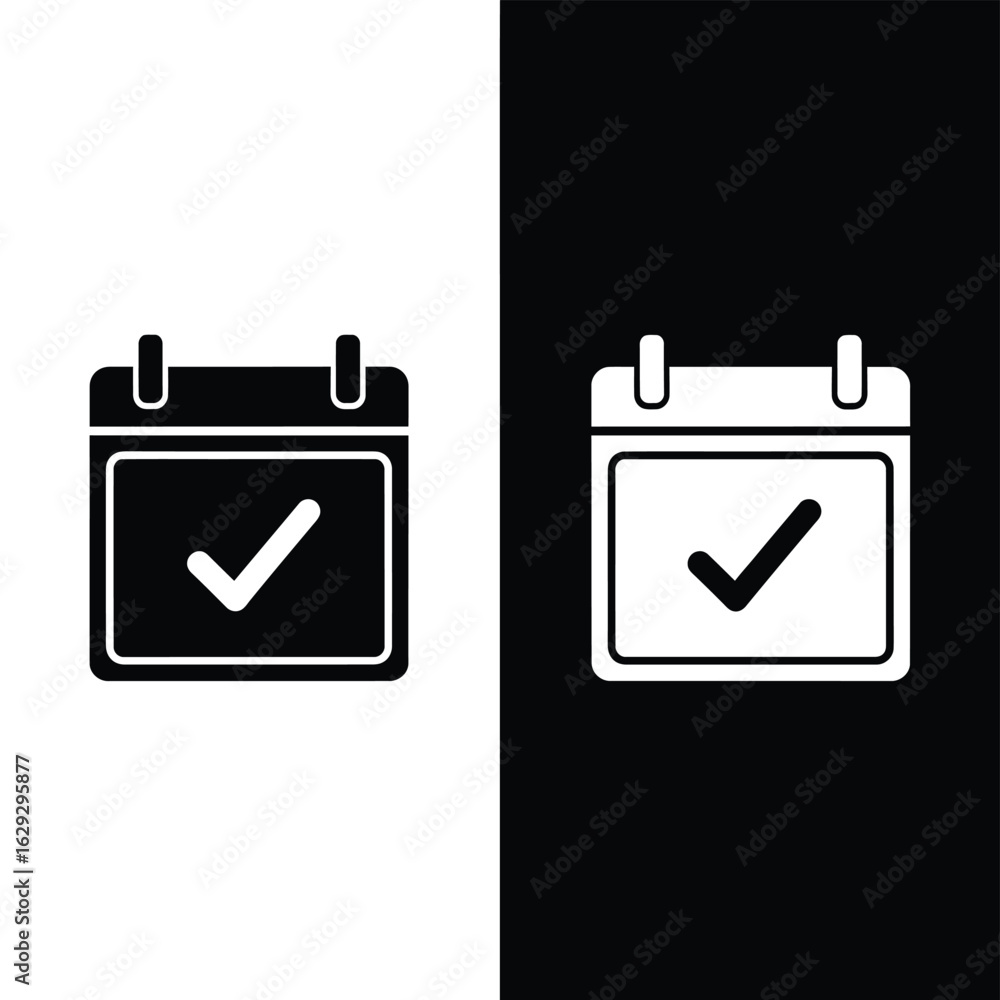 Simple black and white icons of a calendar with a checkmark, representing scheduled events or completed tasks. Simple black and white icons of a calendar with a checkmark, representing scheduled events or completed tasks.
