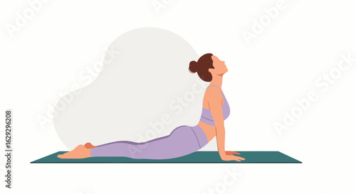 Woman in lavender sportswear performing the Upward-Facing Dog yoga pose, stretching her back.