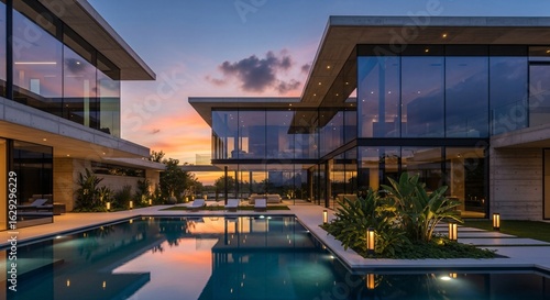 Modern luxury residence with infinity pool reflecting sunset sky and architectural glass facades