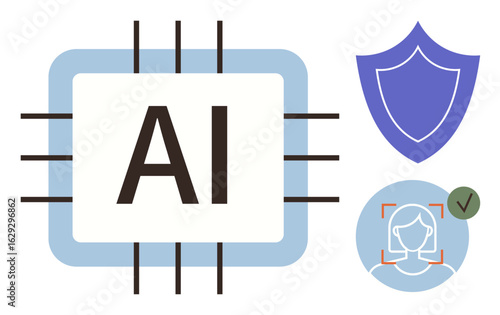 AI chip surrounded by security shield and facial recognition symbol with verification checkmark. Ideal for technology, AI development, cybersecurity, face recognition, privacy, innovation, automation