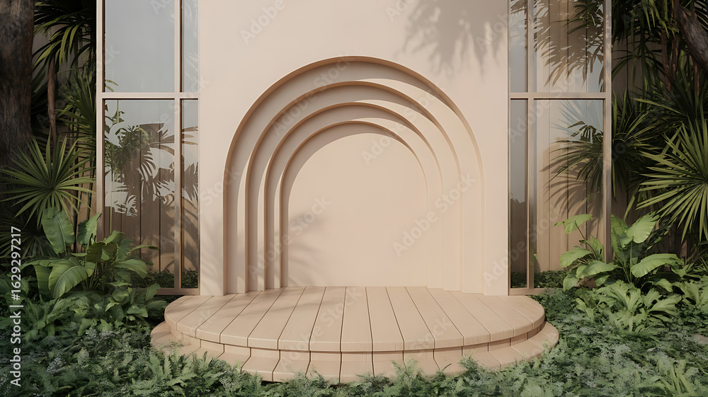 Fototapeta premium Beige arch display in jungle setting