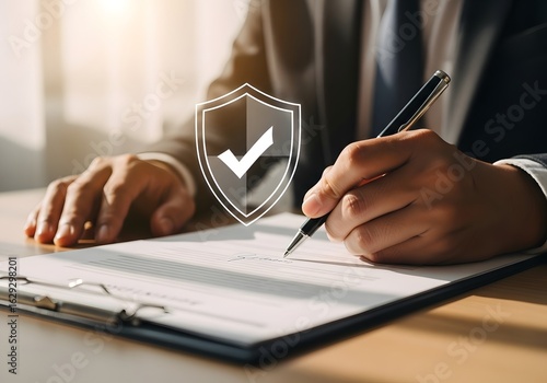 Business professional signing important document with security shield overlay