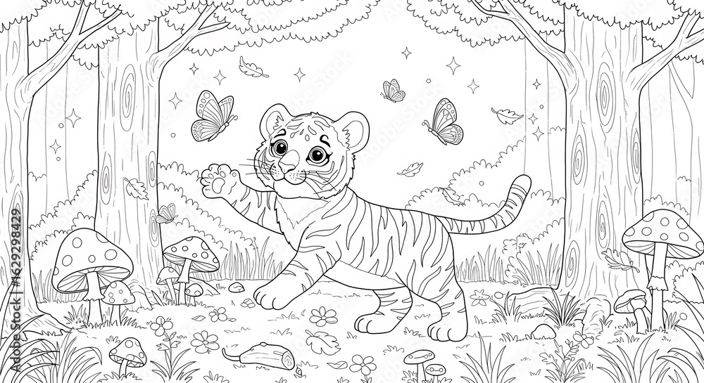 Fototapeta premium Cute tiger cub playing with butterflies in a magical forest clearing. Black and white coloring book page for children