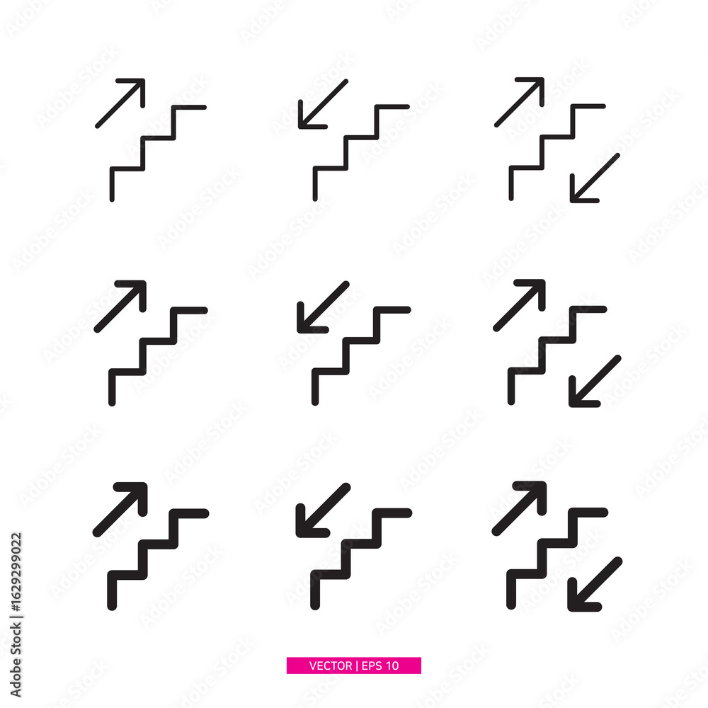 Stairs Collection5. A collection of black line stair direction icons against a white background. Stair icons, eps Stairs Collection5. A collection of black line stair direction icons against a white background. Stair icons, eps