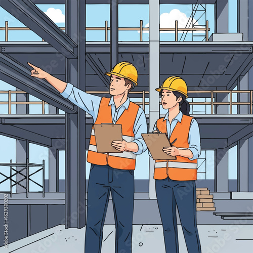 Two construction workers in hard hats and safety vests inspect a building's steel frame, discussing plans on clipboards.
