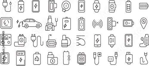 Set of outline icons illustrating various devices and their charging accessories